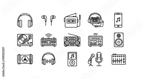 Collection of black and white icons representing various audio devices and music-related equipment