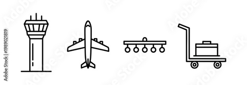 Collection of linear icons representing airport and aviation elements including a control tower, airplane, baggage handling system, and luggage cart