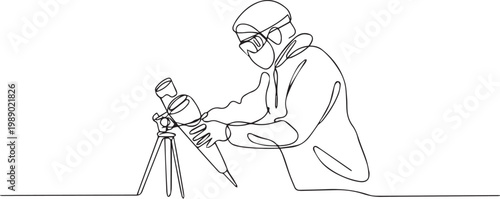 Continuous line drawing of a man using a telescope on a tripod