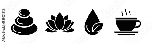 Collection of serene and wellness icons including stacked stones, blooming lotus flower, water drop with leaf, and steaming cup of tea on saucer