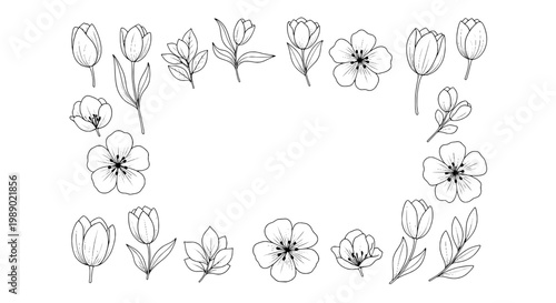 Flowers hand drawn set with black outlined tulips and leaves forming a square border frame with blossoms and buds, simple line art style