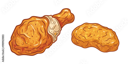 Vintage-style chicken nugget illustration with a woodcut print effect.