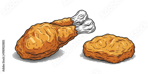 Artistic chicken nugget design inspired by classic woodblock print technique.