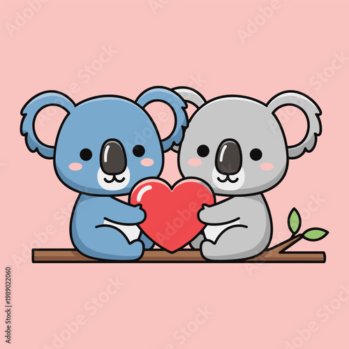 Photography Two cute cartoon koalas holding a heart together on a branch