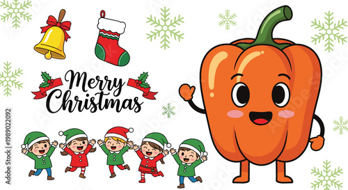 Merry Christmas Holiday Vector Illustration with Cute Pepper Character, Kids in Santa Costumes, Bell, Sock and Snowflake Decorations