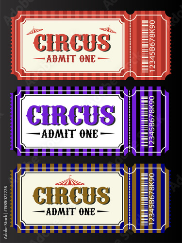 Circus tickets, colorful admit one tickets, vintage circus tickets, set of 3