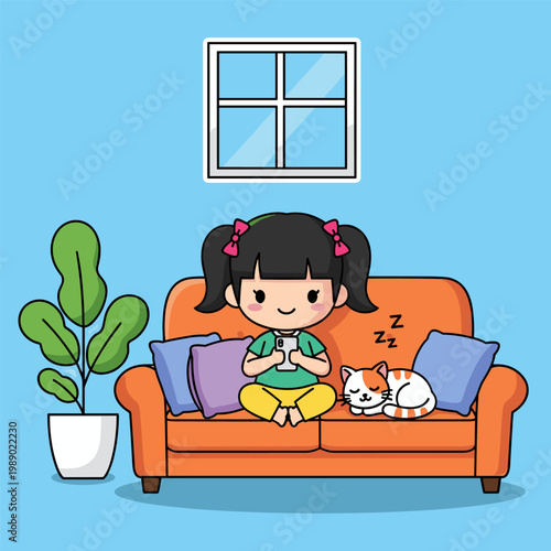 A cartoon girl sitting on an orange couch with a cat, looking relaxed and sleepy in a cozy living room setting.