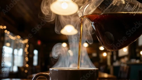 Close Up Of Pouring Fresh Coffee Into Cup With Steam Rising. Pouring Motion, Rising Steam, And Warm Cup Detail Define The Coffee Preparation. One Person Is Visible In Frame
