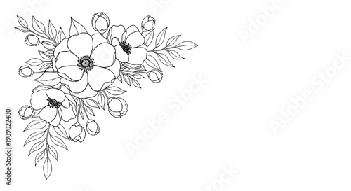 Flower corner floral design with hand-drawn line art leaves buds and blossoms for wedding invitation and decoration
