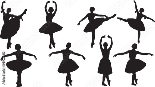 Black Solid Ballet Port De Bras Cambre Silhouettes Set of Six on White Background