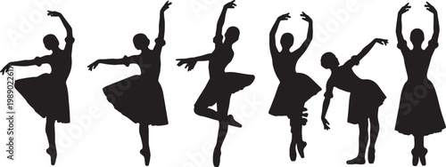 Black Solid Ballet Port De Bras Cambre Silhouettes Set of Six on White Background
