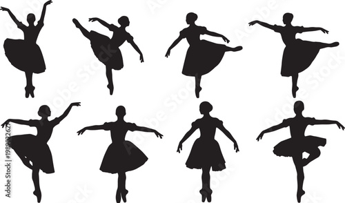 Black Solid Ballet Port De Bras Cambre Silhouettes Set of Six on White Background
