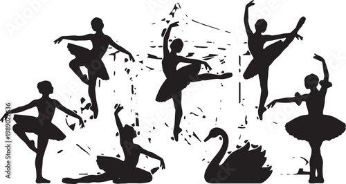 Black Solid Swan Lake Ballet Silhouettes Set of Six on White Background