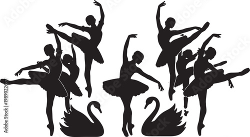 Black Solid Swan Lake Ballet Silhouettes Set of Six on White Background