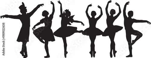 Black Solid Sugar Plum Fairy Silhouettes Set of Six on White Background