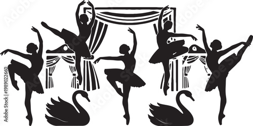 Black Solid Swan Lake Ballet Silhouettes Set of Six on White Background