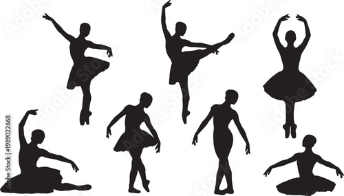 Black Solid Ballet Torso Rotation Silhouettes Set of Six on White Background