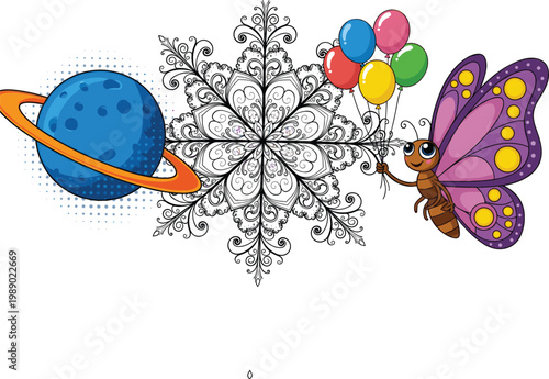 Planet Saturn with Ring, Decorative Mandala Ornament and Cute Butterfly Character Holding Balloons Vector Illustration Set