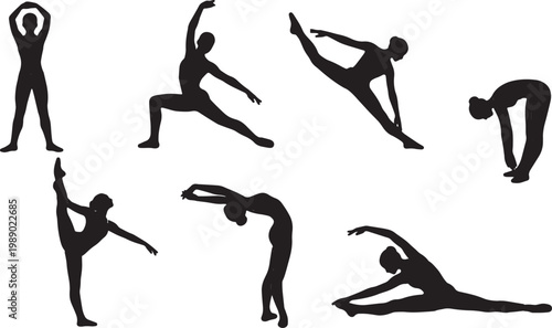 Black Solid Ballet Warmup Silhouettes Set of Six on White Backgr