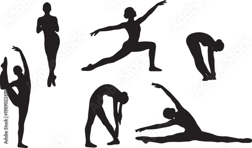 Black Solid Ballet Warmup Silhouettes Set of Six on White Backgr