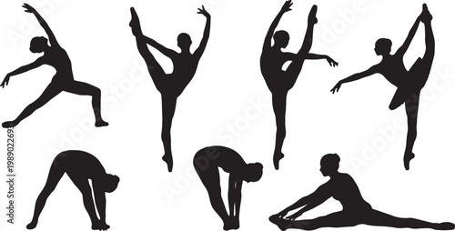 Black Solid Ballet Warmup Silhouettes Set of Six on White Backgr
