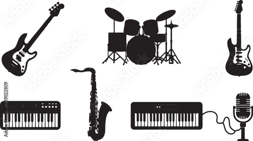 Black Solid Band Instruments Silhouettes Set of Six on White Bac