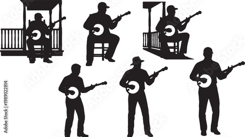 Valokuva Black Solid Banjo Player Silhouettes Set of Six on White Background