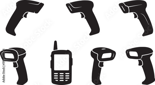 Black Solid Barcode Scanner Silhouettes Set of Six on White Back