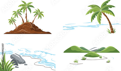 Tropical Island and Beach Landscape Vector Set Featuring Palm Trees Ocean Shoreline Rocks and Green Hills Nature Illustration