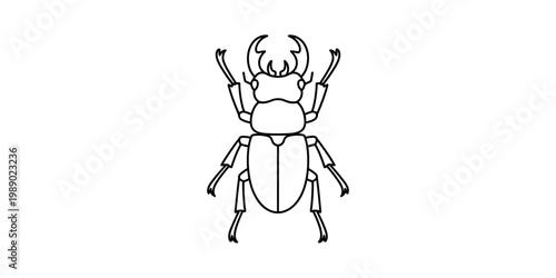 A simple black and white line drawing of a stag beetle shown from a top down perspective view Vector, illustration