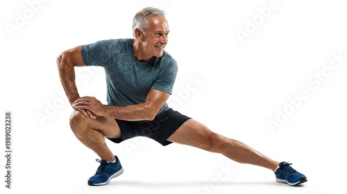 Active Senior Man Doing Side Lunge Stretch Isolated on White
