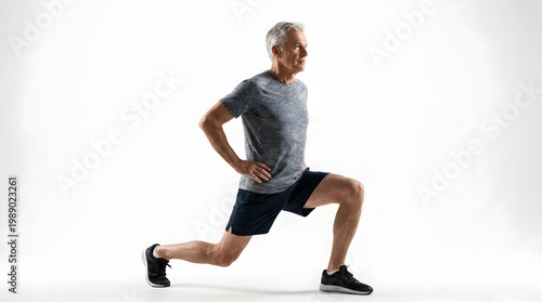Active Senior Male Athlete Performing Leg Lunges Workout Studio