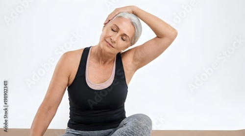 Senior woman doing neck stretching exercise on yoga mat in studio