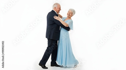 Happy Senior Couple Ballroom Dancing in Formal Wear on White