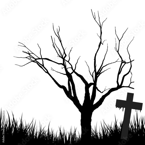 Spooky Halloween Graveyard Silhouette Scene with Bare Tree, Tall Grass, and Leaning Cross