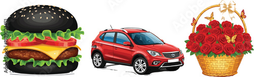 Black Burger with Cheese and Lettuce, Red SUV Car and Basket of Roses Flowers Romantic Gift Vector Illustration Set