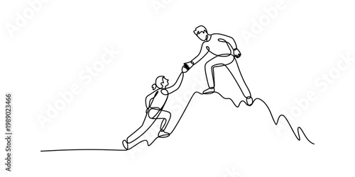 A single continuous line drawing of a person helping another individual climb a steep mountain peak Vector, illustration