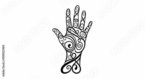Intricately designed hand with swirling patterns.