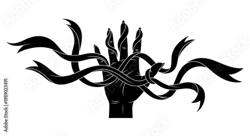 Black hand with swirling abstract tendrils rising.