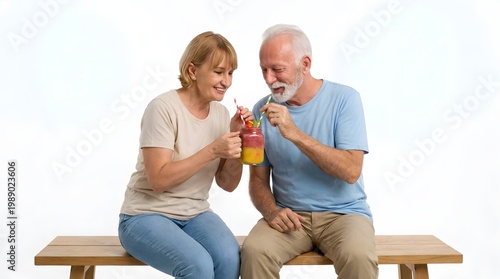 Happy Senior Couple Sharing Healthy Fruit Smoothie on White Background