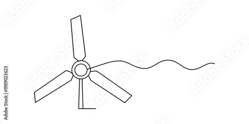 A simple black and white line drawing of a wind turbine producing electricity as a wavy current Vector, illustration