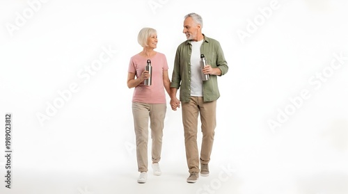 Active senior couple holding hands walking with reusable bottles