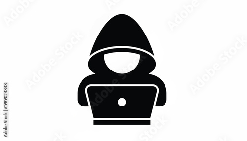 Hacker silhouette icon with hoodie and laptop symbol, isolated on white background for cybersecurity themes