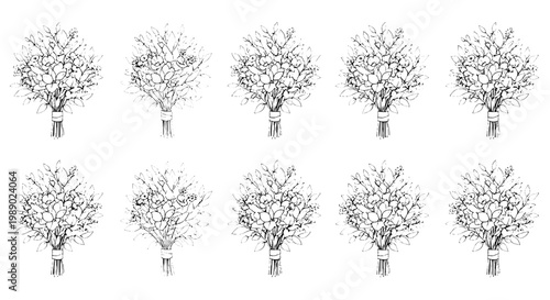 Branch set with various bare and leafless tree silhouettes in black lines and white background featuring line art, illustration, graphic resource