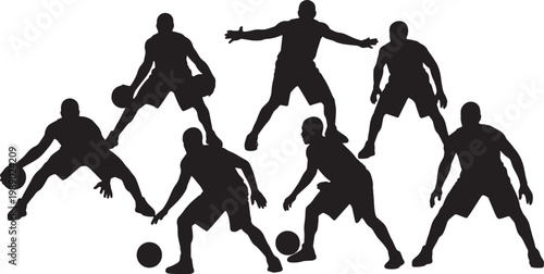 Black Solid Basketball Defensive Slide Silhouettes Set of Six on White Background
