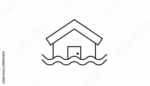 House building icon with wavy water lines and door outline symbol for flood or property protection featuring insurance concept, hazard sign, disaster