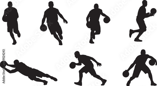 Black Solid Basketball Dribbling Silhouettes Set of Six on White Background