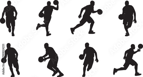 Black Solid Basketball Dribbling Silhouettes Set of Six on White Background