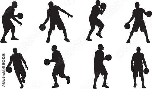 Black Solid Basketball Euro Step Silhouettes Set of Six on White Background