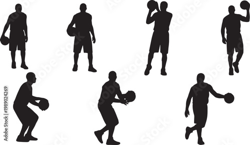Black Solid Basketball Euro Step Silhouettes Set of Six on White Background